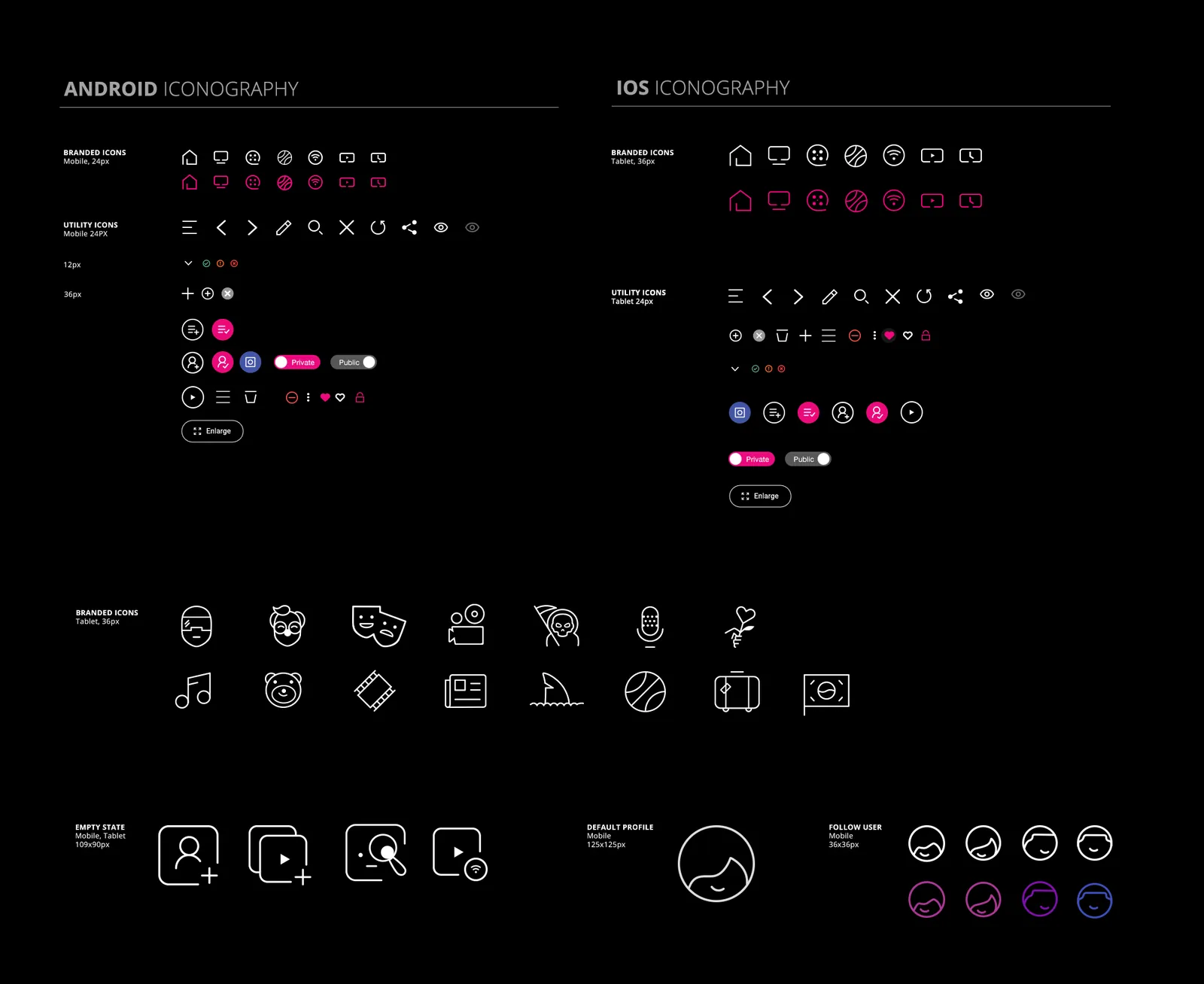 Iconography: branded and utility icon sets for Android and iOS.
