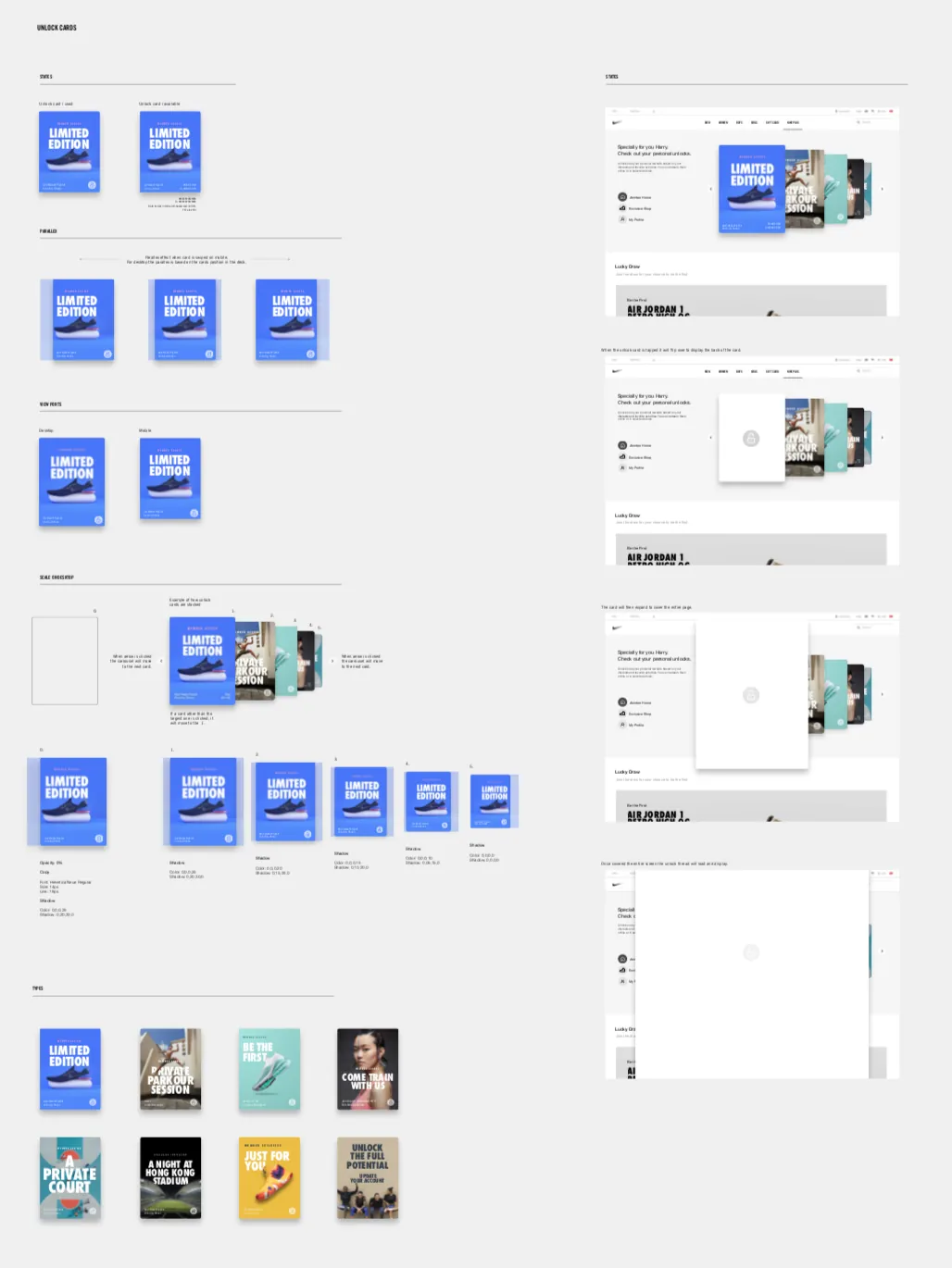 The Unlock card system, states, thread, parallax behaviour and anatomy, plus the full grid of card types from Limited Edition to A Night at Hong Kong Stadium.