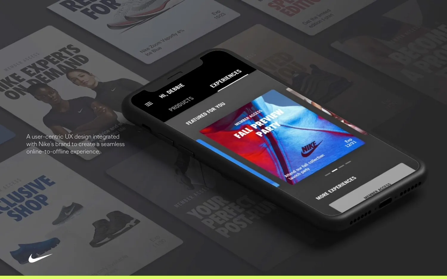 A phone showing the member experiences feed, Fall Preview Party, member access, against a wall of exclusive shop and content screens.